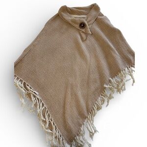 Knit Fringe Poncho – Tan with Button Collar, One Size